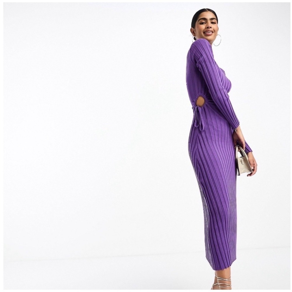 NEW! Pretty Lavish Purple Ribbed Knit Cut Out‎ Tie Side Maxi Dress Small NWT